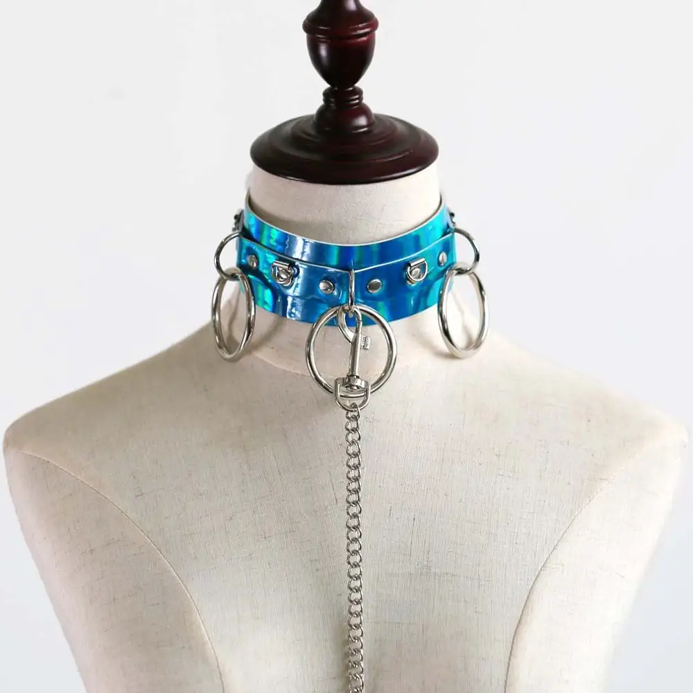 Сексуальное колье с 3 кольцами, с цепочками, рабыня, голографическая Лазерная Пастельная кожа, уплотнительное кольцо, колье, ошейник для связывания, БДСМ, Тяговая веревка - Окраска металла: blue