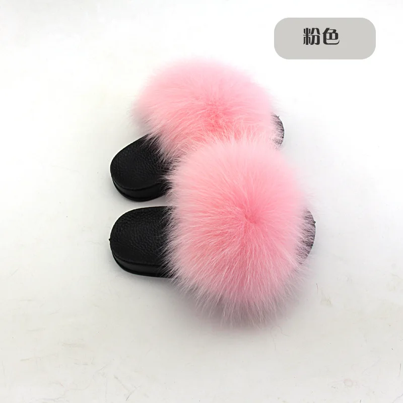 Wholesale Real Fox Slippers Kids Rainbow Neon Color Toldder Fur Child Home Slides Girls Raccoon Super Fluffy Cute Flat Summer - Цвет: see as pic