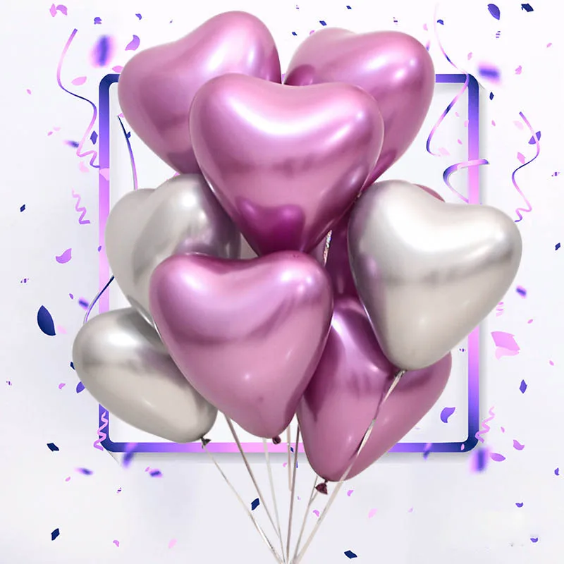

New 10pcs/lot Heart Glossy Metal Latex Balloons Thick Chrome Metallic Ballon Valentine's Day Wedding Birthday Party Decorations
