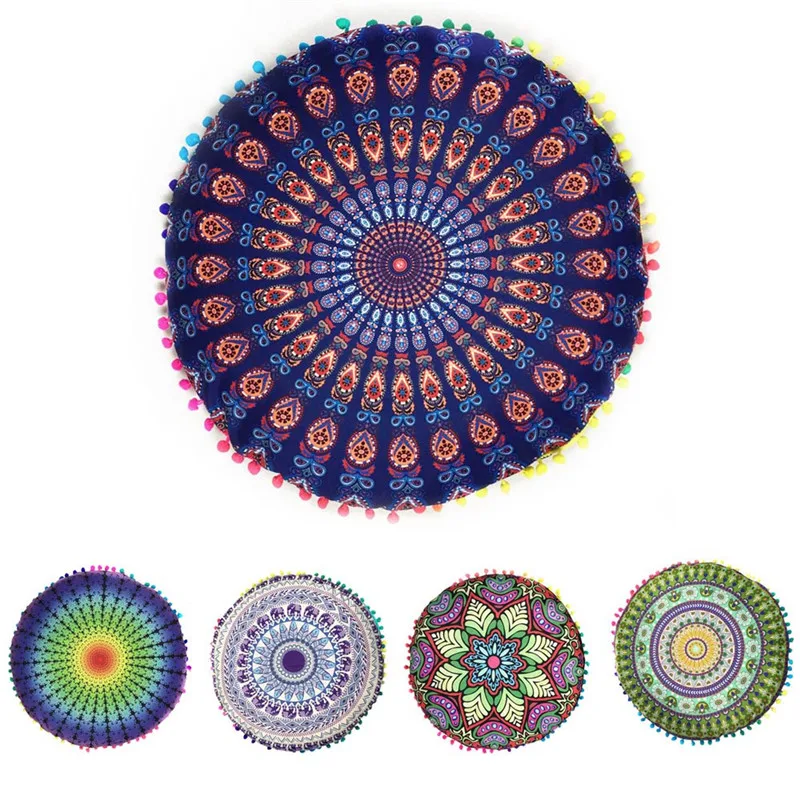 

Indian Mandala Floor Pillows Round Bohemian Cushion Cover Sofa Outdoor Throw Pillows Case Pouf Retro Boho Tapestry Cover Cases