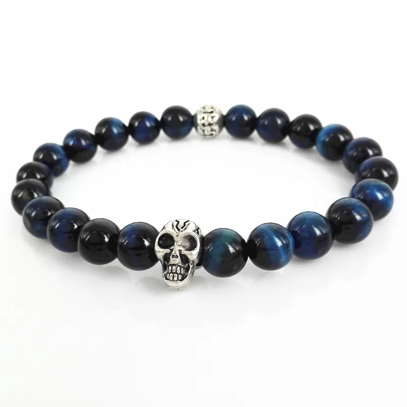 

2017 Hot Sale Natural Gem Stone beads Bracelet,High Grade 8mm Blue Tiger eyes with Antique Silver Skull Bracelets, Mens Gift
