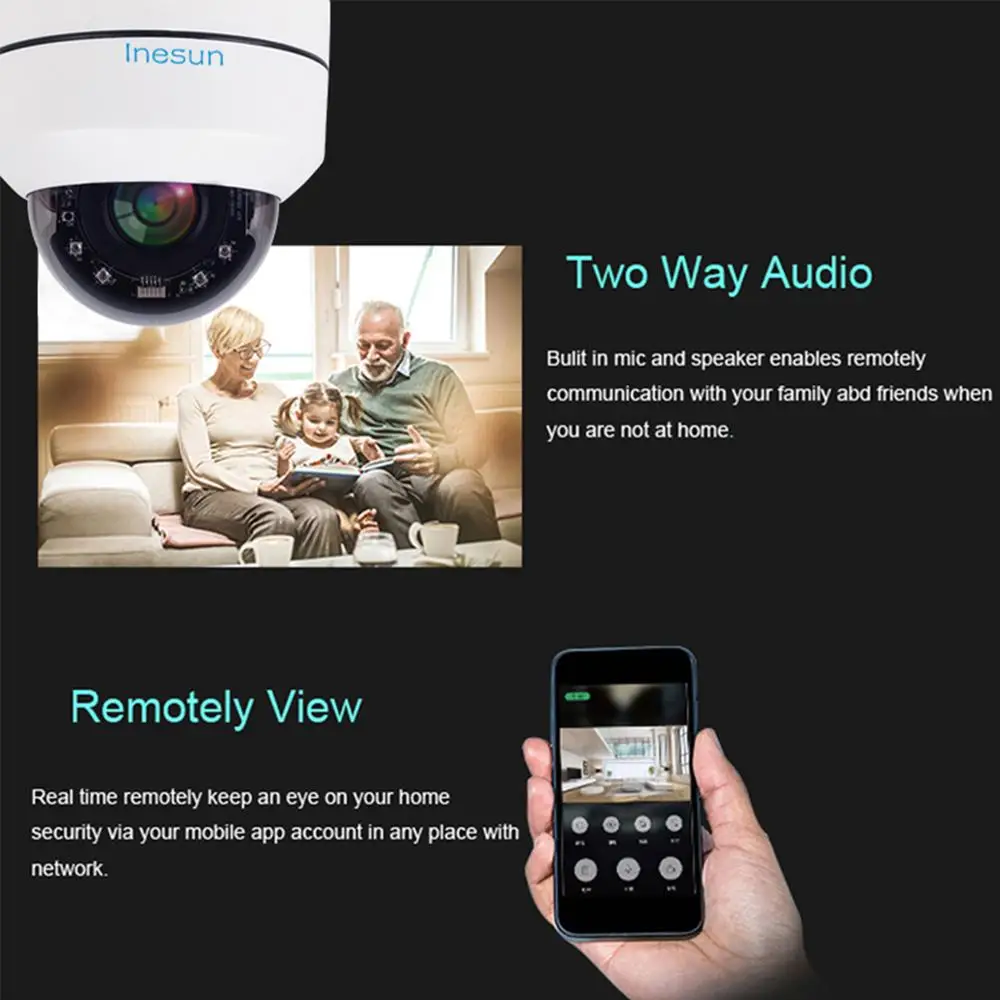 Inesun Mini WiFi Security Camera Pan Tilt 4x Zoom PTZ Camera Indoor/Outdoor WiFi IP Dome Camera 100ft Night Vision Two Way Audio