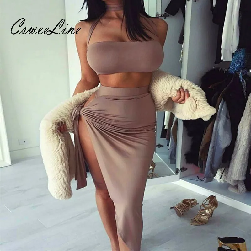 

Body Femme Sexy 2 Piece Dress Side Split Irregular Strapless Tube Top Bandage Dresses Night Club Outfits Party Bodycon Dresses