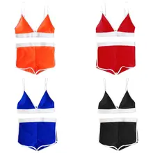 Women Sexy Two-Piece Bikini Set Spaghetti Straps Deep Triangle Bra High Waisted Boxer Shorts Bottoms Swimsuit Sport Beachwear spaghetti straps string high cut two piece swimsuit