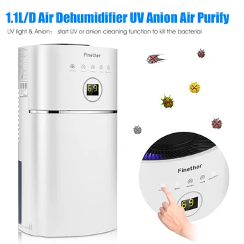 

Finether 1.1L/D Digital Air Dehumidifier Anion UV Air Purify Portable Lightweight Low Energy Home Wardrobe