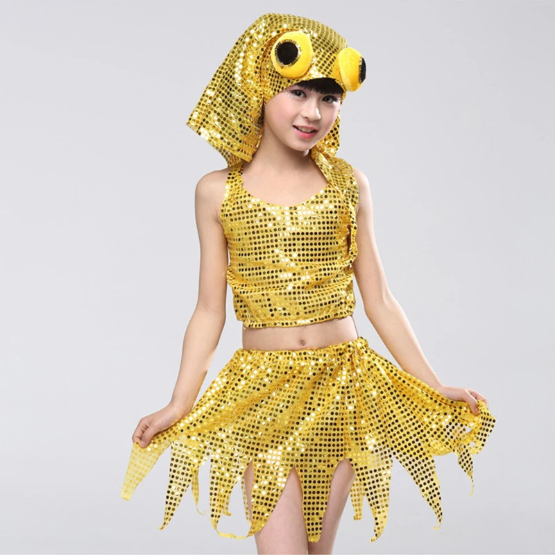 

2017 New Arrival Children's Animal Costumes Goldfish Dancewear Children's Cartoon Carp Goldfish costumes 3 Pcs (Top+Skirt+Hat)
