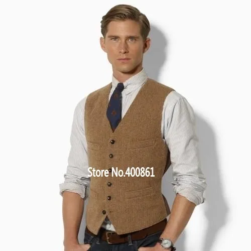 fashion Brown tweed Vests Wool Herringbone British style