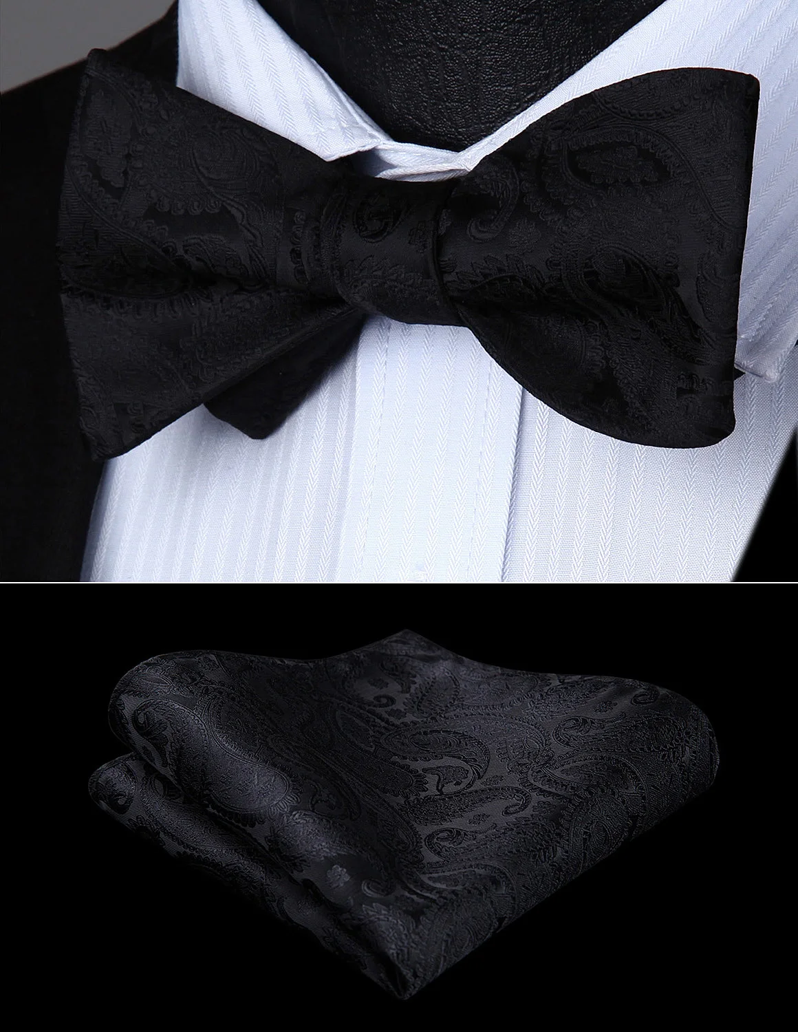 BP711LS Black Paisley Wedding Bowtie Men Silk Self Bow Tie handkerchief
