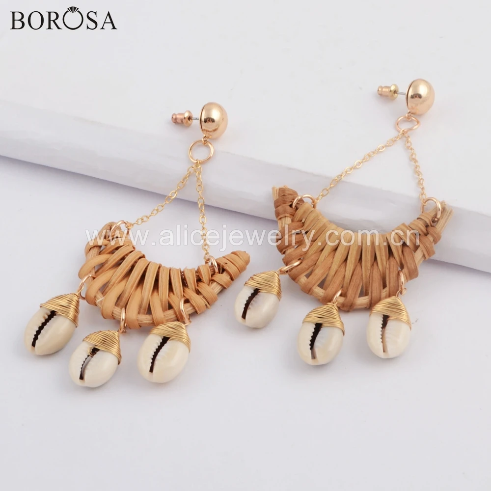 

BOROSA 10Pairs New Design Gold Color Moon Bamboo Wave Metal Three Wire Wrap Cowrie Shell Drop Earring Jewelry WX1076