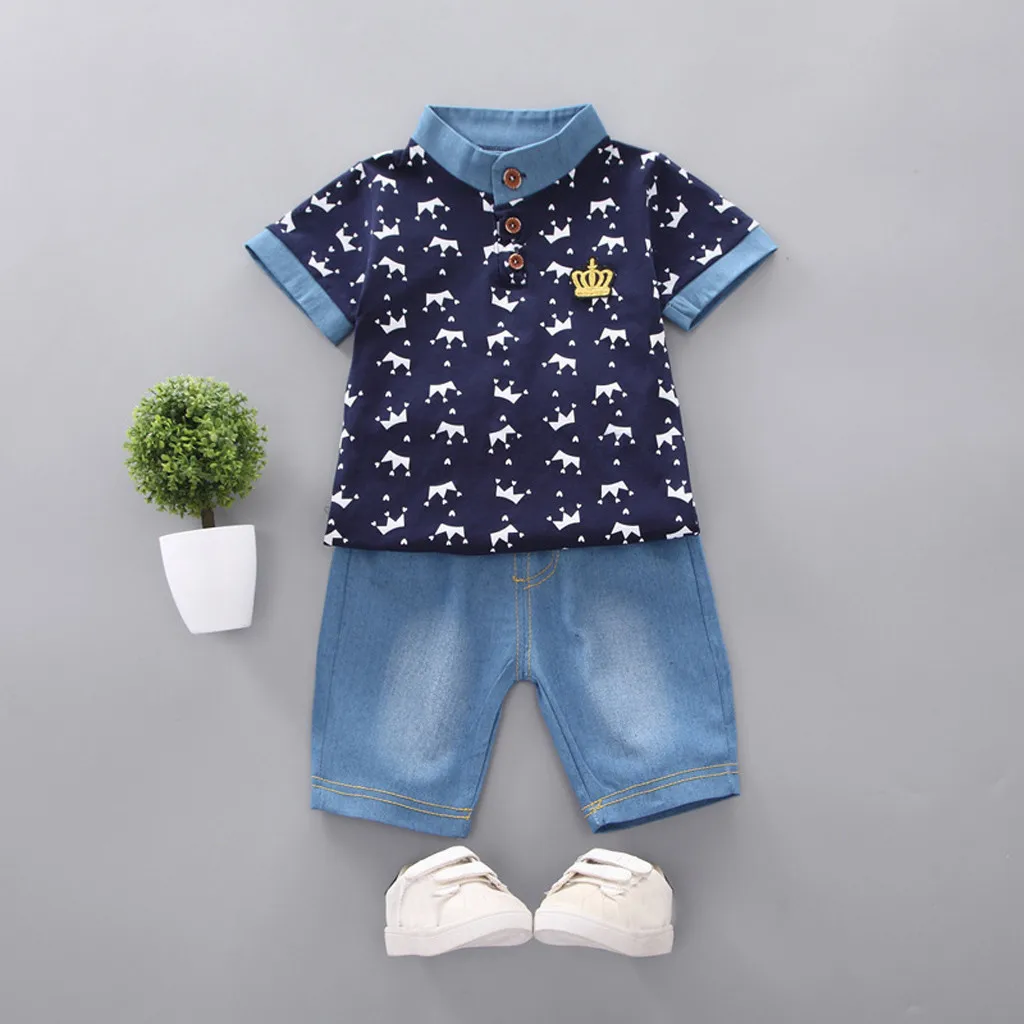 Toddler Boy Clothes Summer Crown T Shirt+ Denim Shorts Pants Sets Outfits Children Baby Clothing For Boys 1 2 3 4 5 Years