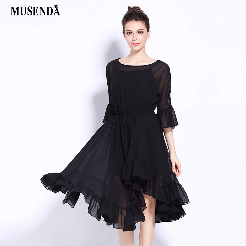 

MUSENDA Plus Size Women Tunic Ruffles Irregular Hem Dress See Through Chiffon Dress 2017 Summer Sundress Lady Party Boho Dresses