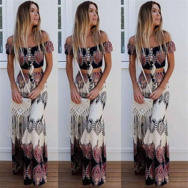

Summer Two Piece Dress Women Sexy Slash Neck Boho Crop Tops and Split Long Dress