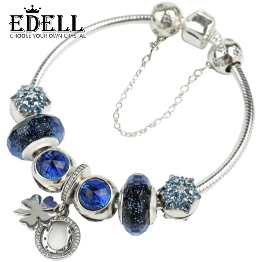 

EDELL 100% 925 Sterling Silver Brand New 1:1 Genuine Glamorous Ocean Heart Bracelet Set Snowflake Starry Night Themed Bracelet