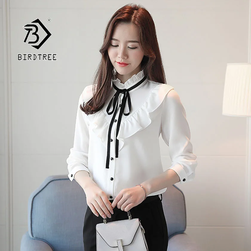 

2019 Autumn New Arrival Women's Chiffon Blouse Bow Tie Stand Collar Ruffled Button Office Lady Solid Slim Casual Tops T97514D