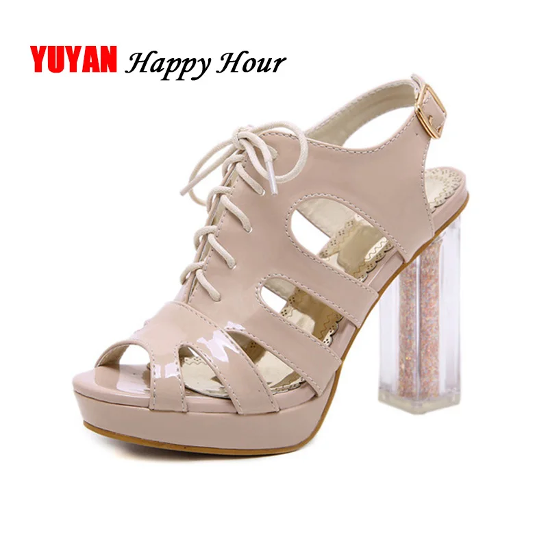 

Patent Leather Party Shoes Sexy Ladies High Heels Shoes Peep toe Women Square Heel Sandals Super High Heel 12.5cm A1075
