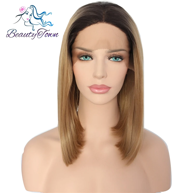 

BeautyTown Dark Roots Ombre Blonde Hand Tied High Temperature Fiber Short Bob Guleless Heat Resistant Synthetic Lace Front Wigs