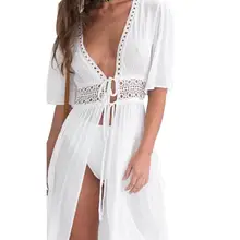 2019 New Yfashion Women Sexy Lace-up See-through Large Hem Long Beach Dress lace up see through lace teddy