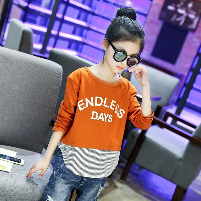 Girls T shirt Caramel color Long Sleeve Striped Patchwork Girls Blouse