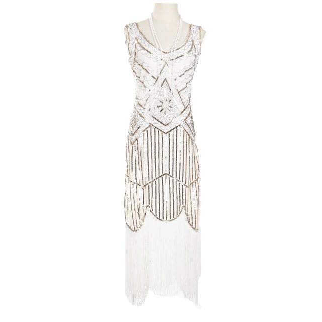 Женское вечернее платье 1920 s Great Gatsby Flapper Vestidos с блестками и бисером, платье с бахромой, вечернее платье с v-образным вырезом, украшенное бахромой, без рукавов - Цвет: White No Necklace