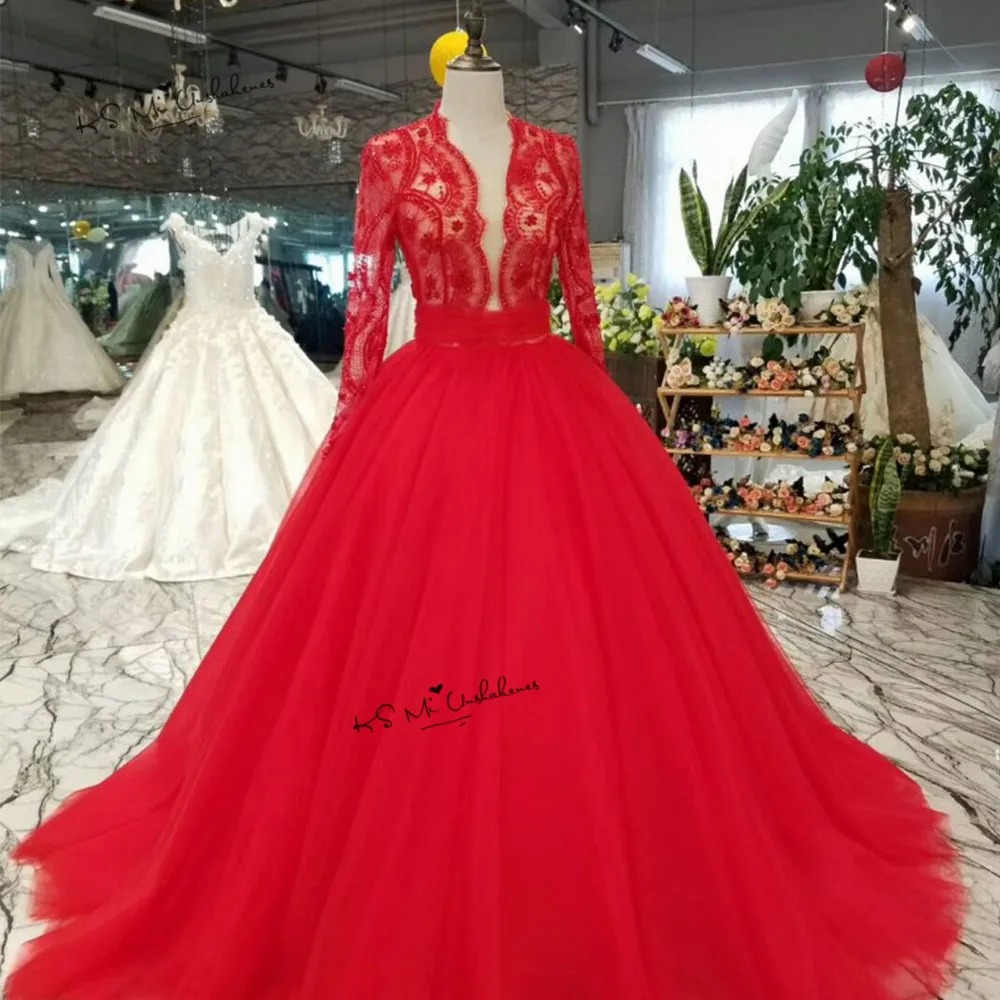 Gelinlik пикантное свадебное платье красные бусинки жемчуг для свадебной одежды с длинными рукавами Кружева Vestido de Noiva Renda Невеста-Принцесса платья