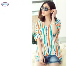 NFIVE бренд женские тонкие свободные футболки новые модные корейские летние рубашка с полосками летучие мыши рукава карманные Большие размеры хлопковая футболка