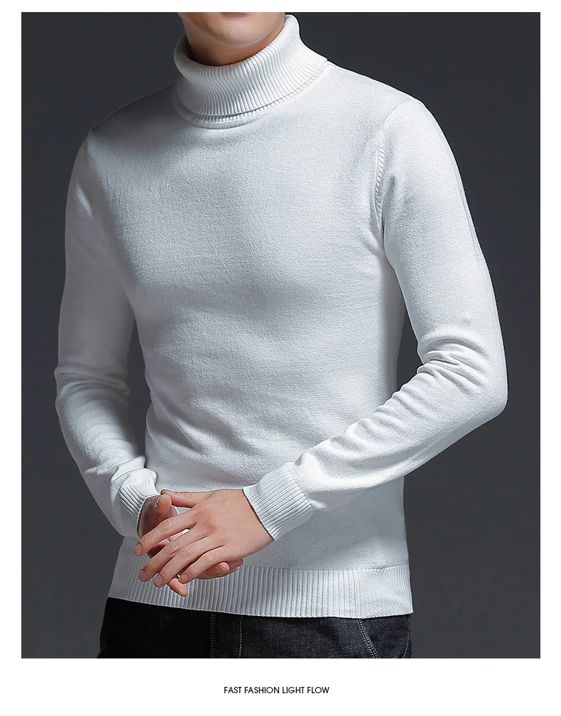 Фирменный Повседневный свитер с высоким воротом, мужские пуловеры, толстый теплый осенний Модный стильный свитер, мужской однотонный облегающий вязаный свитер
