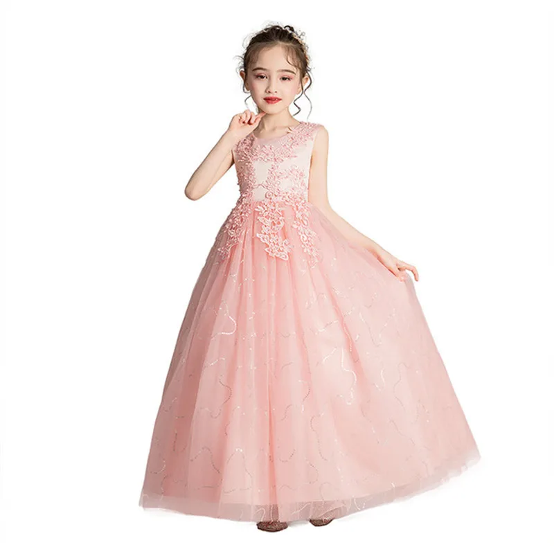 Платье с цветочным узором для девочек; детское Нарядное вечернее длинное платье для девочек; праздничный костюм на день рождения; свадебная одежда для детей - Цвет: Розовый