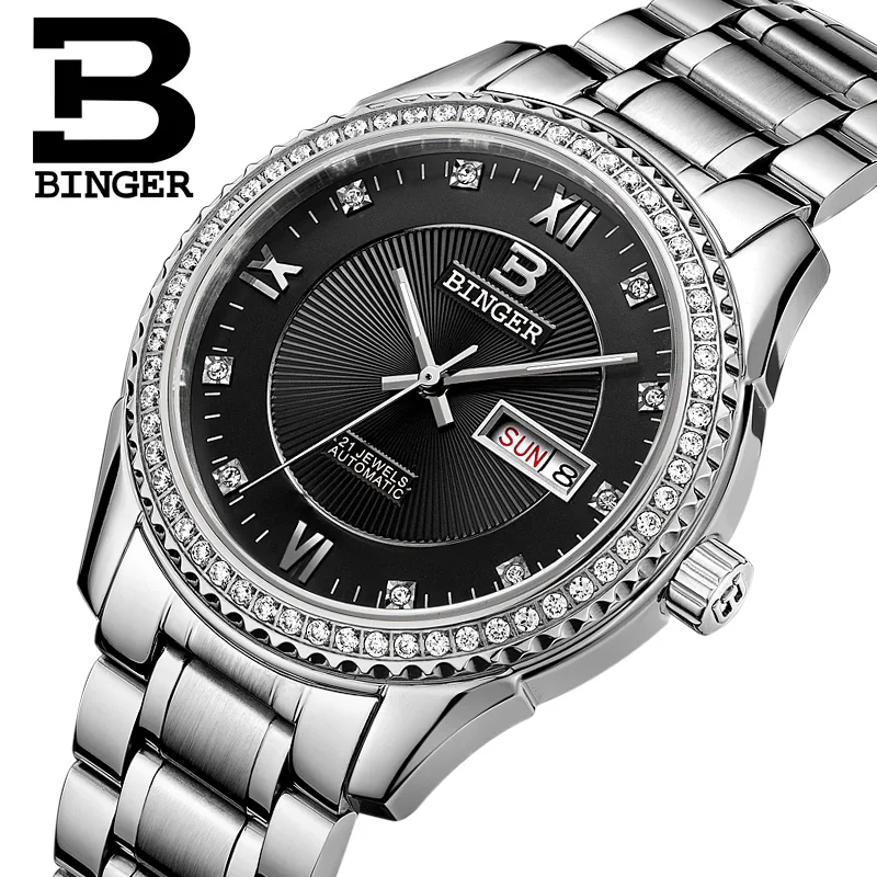 

Switzerland Watches Men Luxury Brand Wristwatches BINGER Diamond Automatic self-wind full stainless steel Waterproof B1112B-4