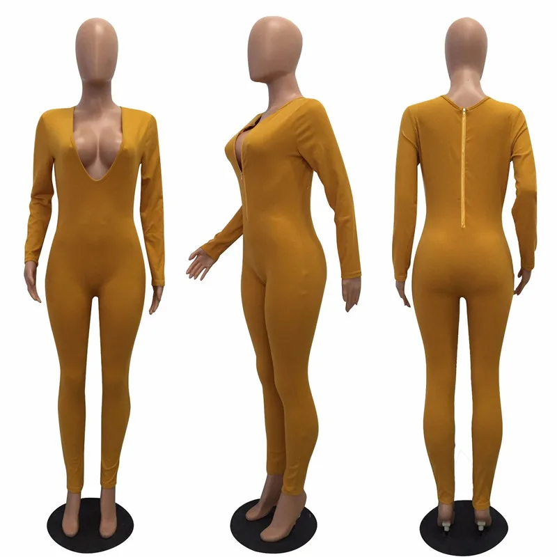 Adogirl спереди сзади два способа носить сплошной Комбинезоны Sexy Глубокий V шеи с длинным рукавом Для женщин оборота ползунки 2018 осень зимние