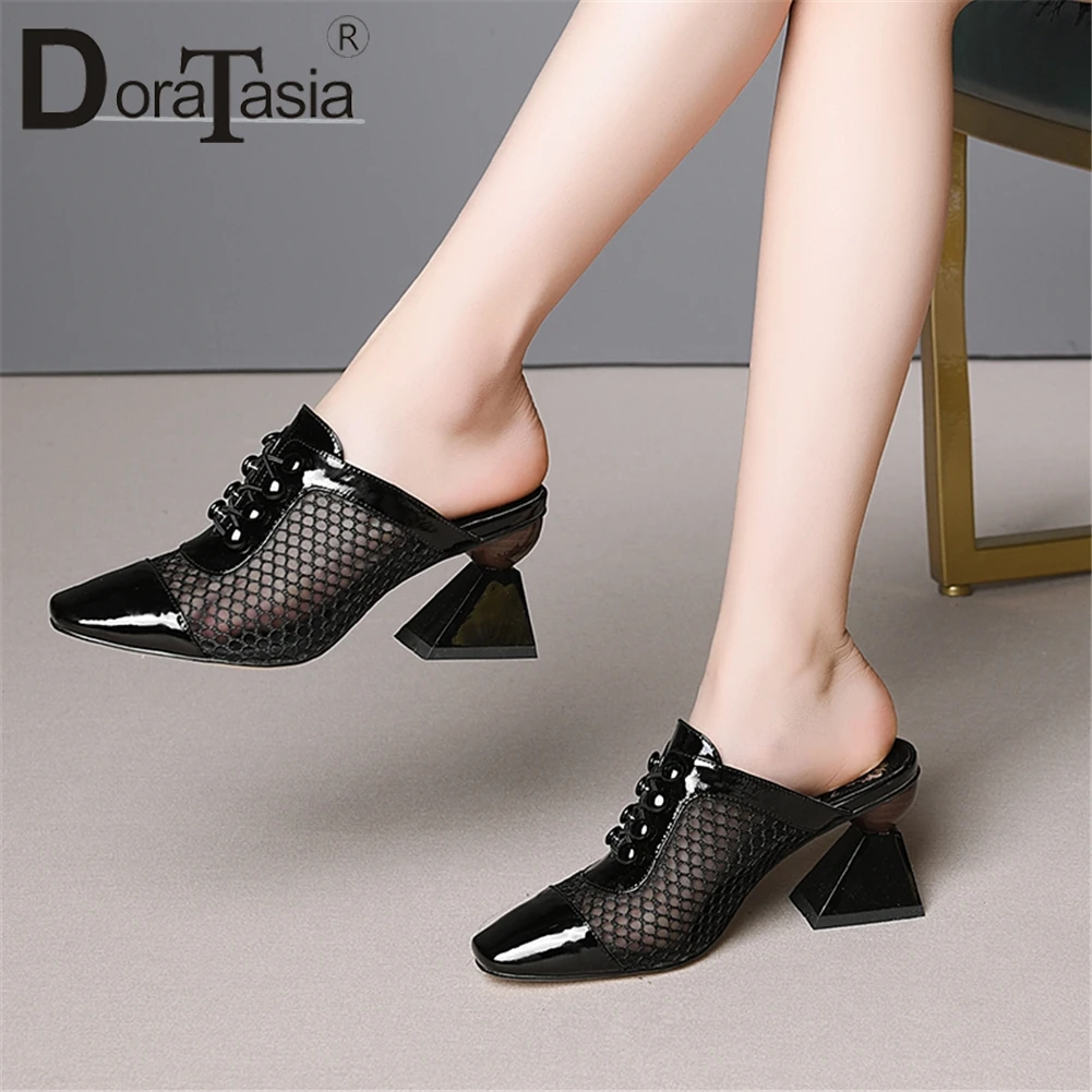 

DORATASIA 2019 New Hot Sale Genuine Leather Shoes Mules Women Summer High Heels Pumps Women Party Shoes Woman Big Size 33-43