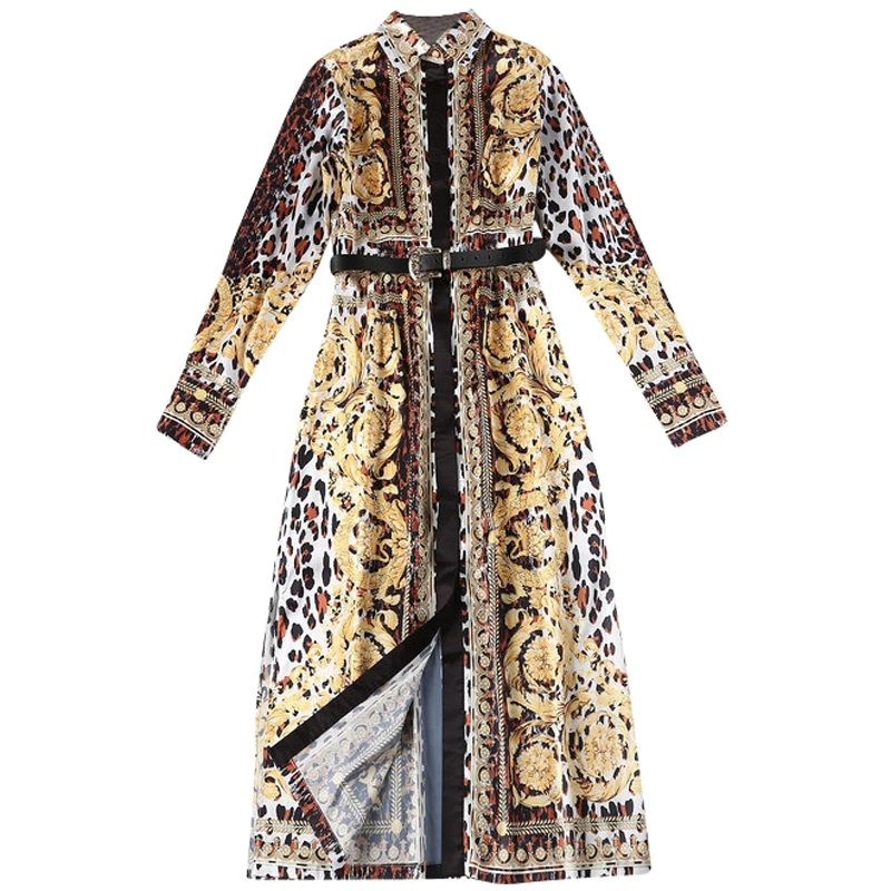 

Women Dress 2018 High Quality Runway Turn-down Collar Full Sleeve Printed Dress Lady Dresses DX0307