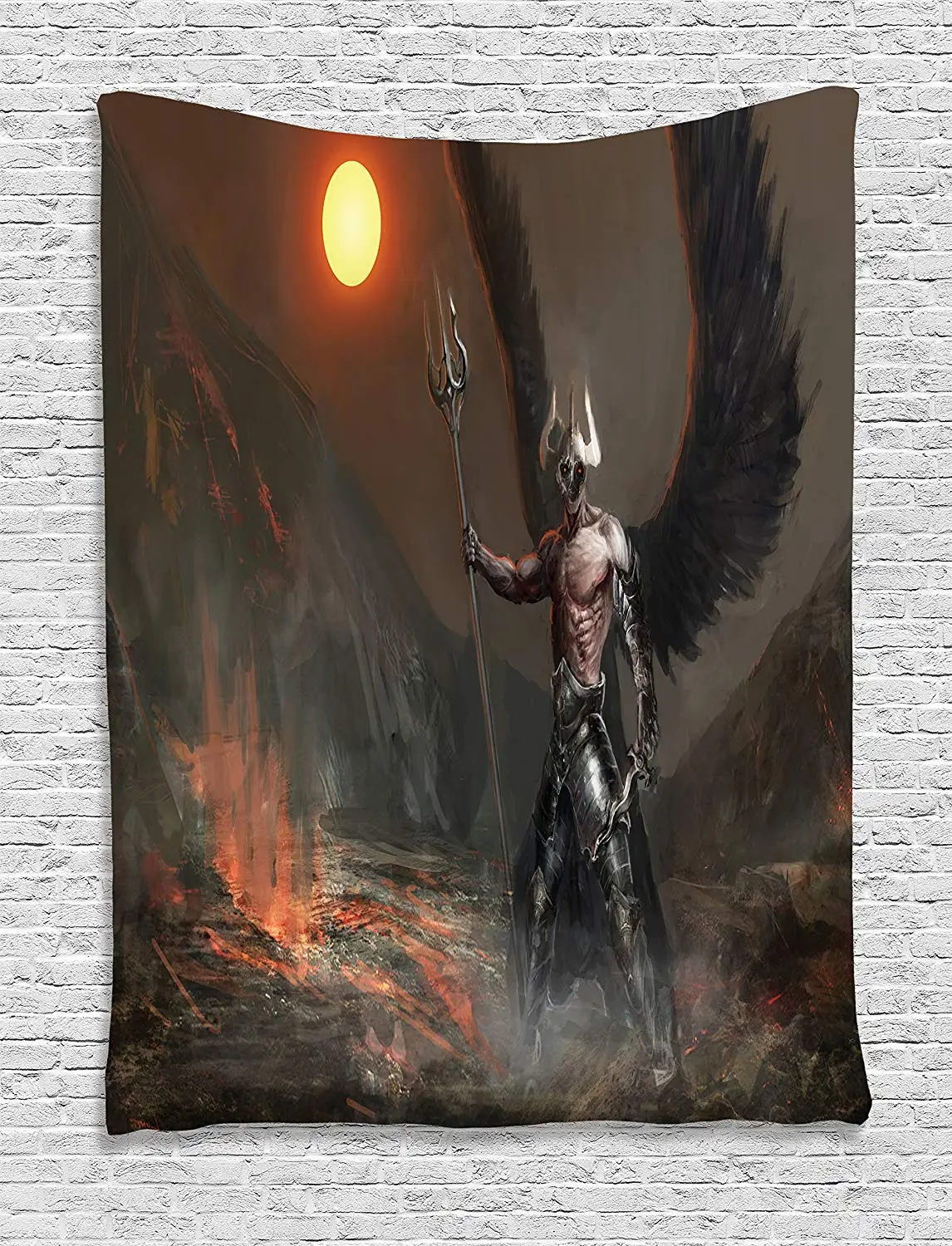 Fantasy World Tapestry Knight Wings Feathers Angel Devil Moon Fire Night Illustration Wall Hanging Brown Yellow | Дом и сад