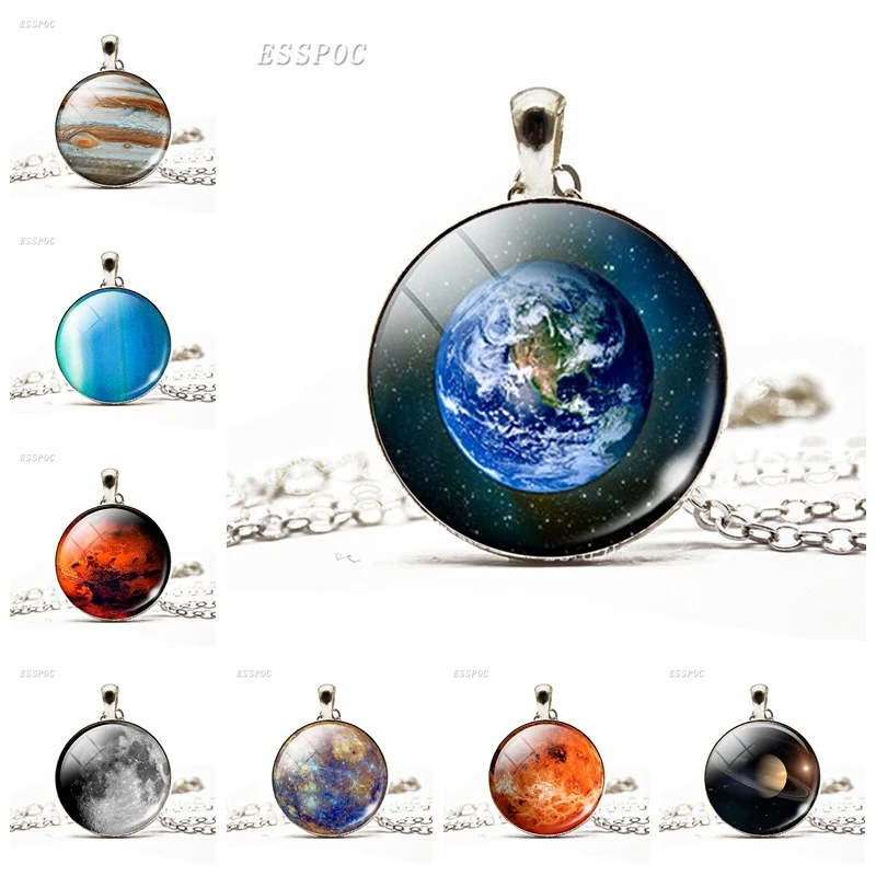 

Fashion Solar System Planet Necklace Earth Mars Moon Photo Glass Dome Pendant Necklace Silver Chain Universe Jewelry