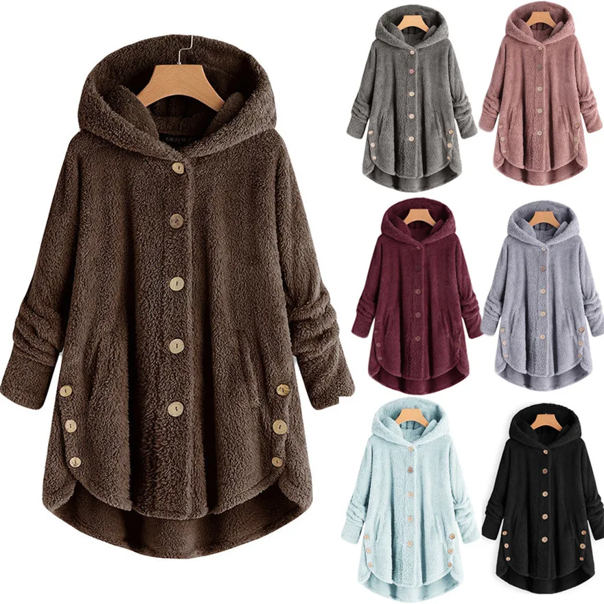 

Women Fashion Button Coat Fluffy Tail Tops Hooded Pullover Loose Sweater Blouse Asymmetrical outwear coats #1212 A#487