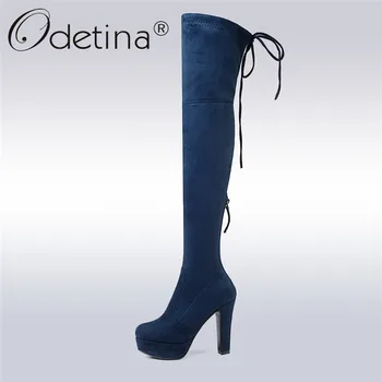 

Odetina New Fashion Kid Suede Lady Platform Thigh Boots Women Thick High Heels 12cm Back Zip Lace Up Over The Knee Boots Winter