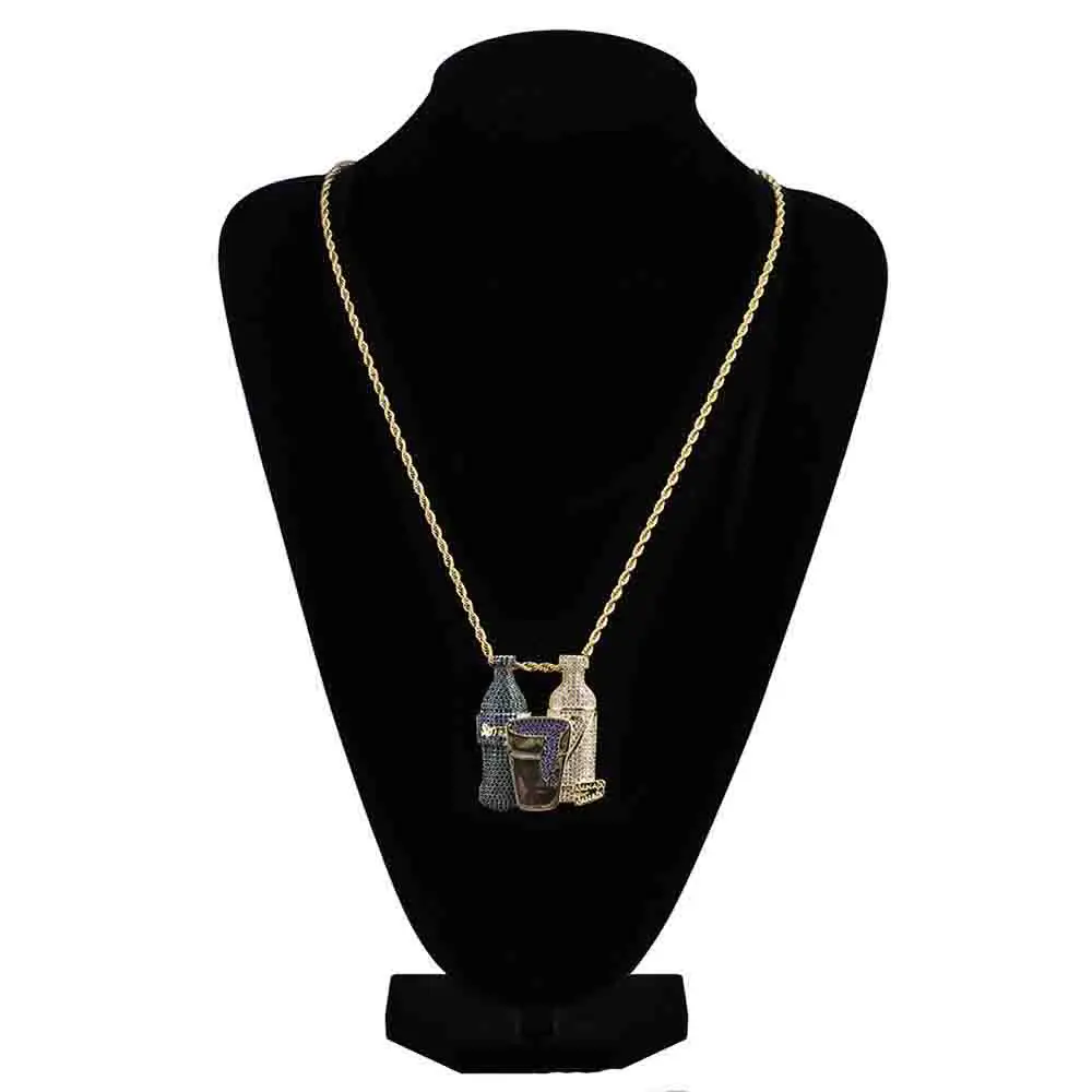 Iced Out Sprite Bottle Hip Hop Necklace Wine Bottle Combo Pendant Cubic Zircon Charms Necklace Men's Jewelry For Gift