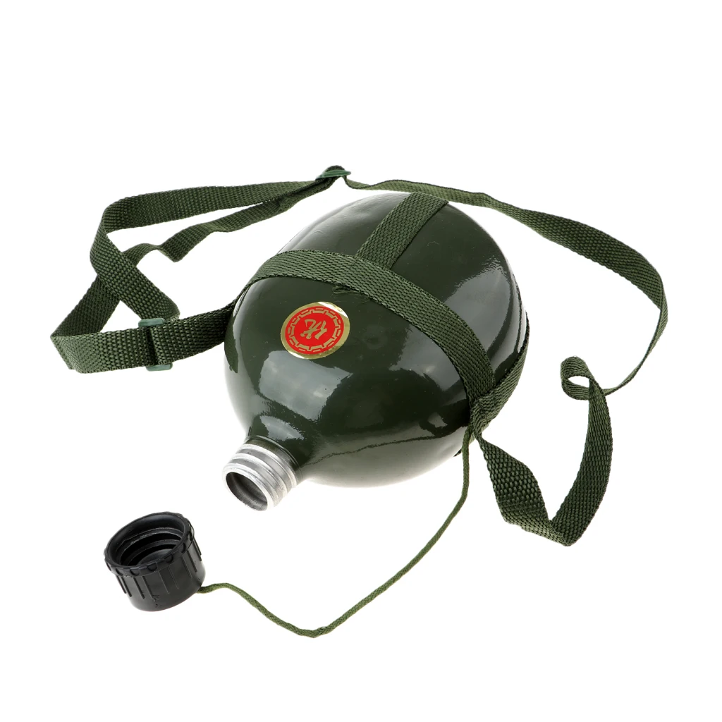 Outdoor Army Green Canteen Water Bottle Camping Retro Aluminum Container W/ Shoulder Strap