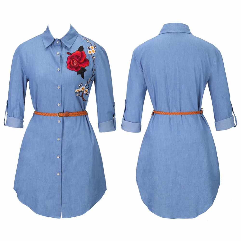 

XINGYIDA Embroidery Women Denim Shirt Chemise 2017 Jean's Femme Floral Jeans Blouse Long Sleeve Blusa Tops Camisa Pluse Size