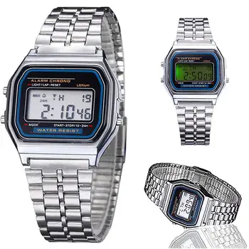 

Watch Silver Classic Men Women Retro Stainless Steel LCD Digital Sports Stopwatch Wrist Watch Relogio Masculino