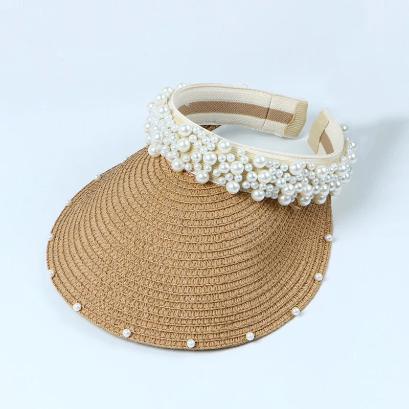 Sun Hat Women Summer Straw Visor Pearl Casual Beach Wide Brim Holiday Outdoor Cap Accessory (6)