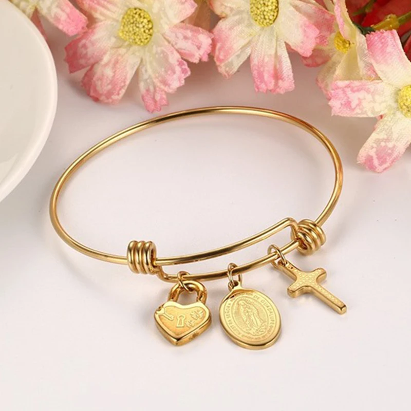 

Gold Color Women Bracelets & Bangles Stainless Steel Our Lady of Guadalupe Virgin Mary Cross Heart Charms for Female Jewelry