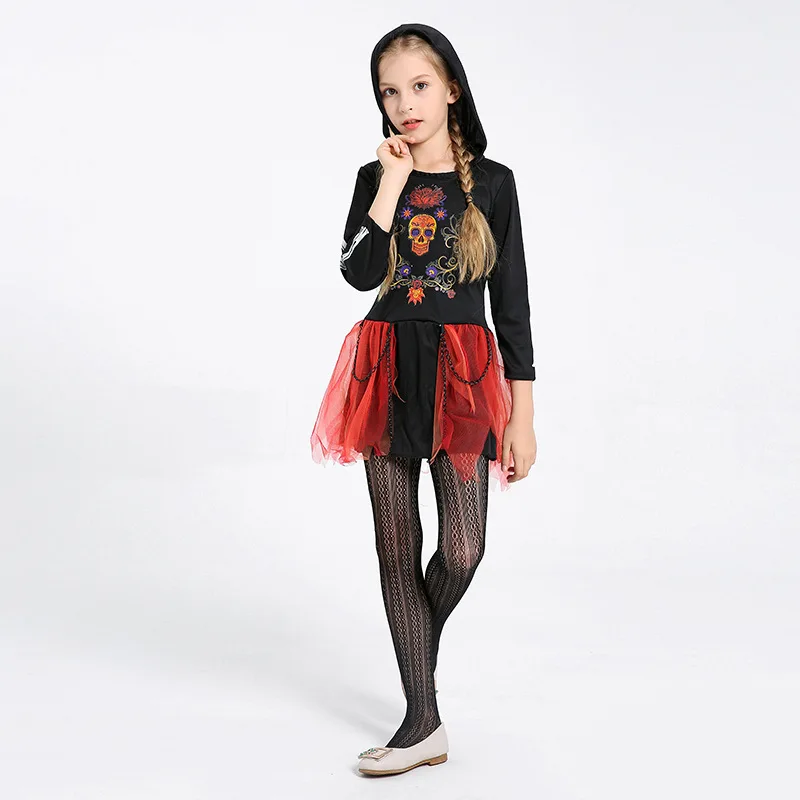 

T shirt Skirt For Girls fancy dress Witch Kids Halloween Cosplay Costume Vampire Party Dress Witch Zombie cosplay Hooded Dress