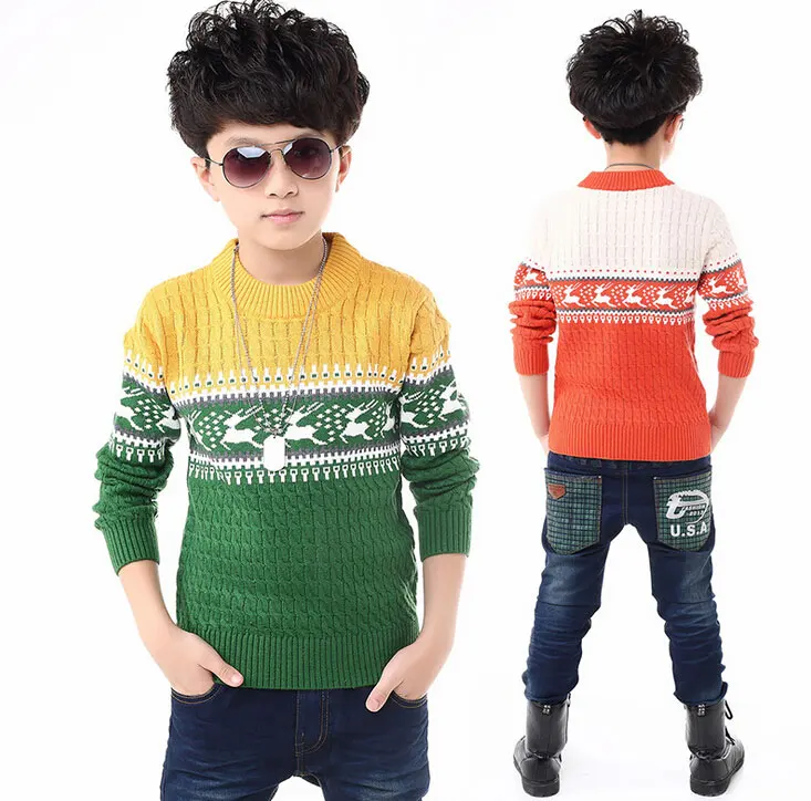 Boys Sweaters Wool Cotton 4 16Year Boys Sweaters Green Orange Brand Boy Pullover Children