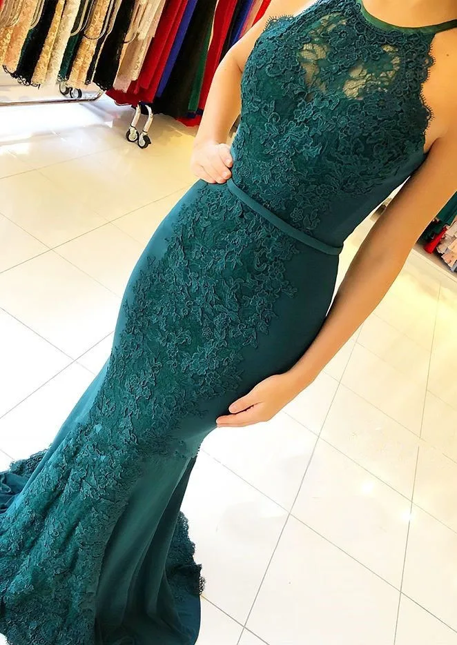 

Brinkina 2019 New Halter Neck Sleeveless Teal Lace Long Mermaid Evening Dress Applique Sweep Train Open Back