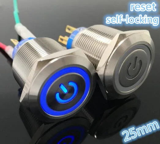 

1 Pcs Vehicle Car Accessories 5v 12v 24v 220v 25mm LED Power Push Button Switch Silver Aluminum Metal reset and Latching Type