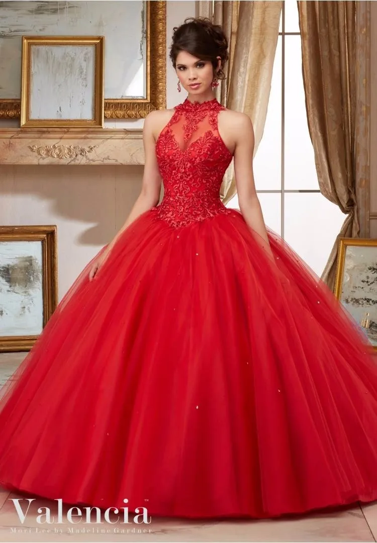 Новое Прибытие Лонг Бальные Платья Бисером Вышивка Красный Quinceanera Платья Высокая Шея Для 15 Лет Vestidos De 15 Anos