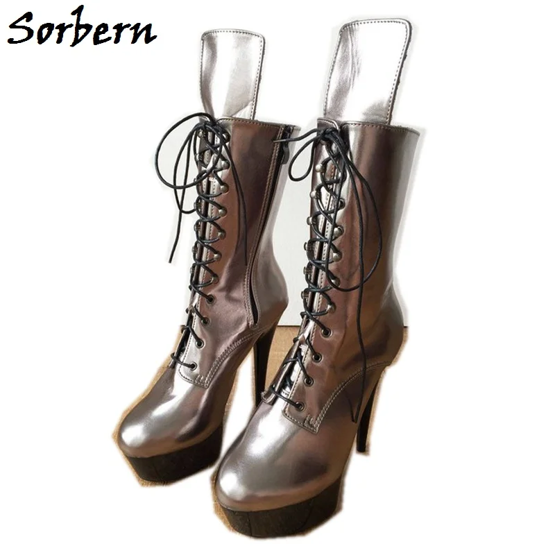 

Sorbern Matte Pu Ankle Boots 15Cm Spike Heels Round Toe Cross-Tied 5Cm Platform China Size 35-46 Designer Boots Women Luxury