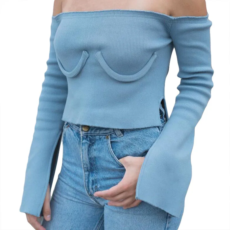 2017 Fall New Sexy Off Shoulder Flare Sleeve Elastic Street Style Dope Boob Tee Shirt Top Good 