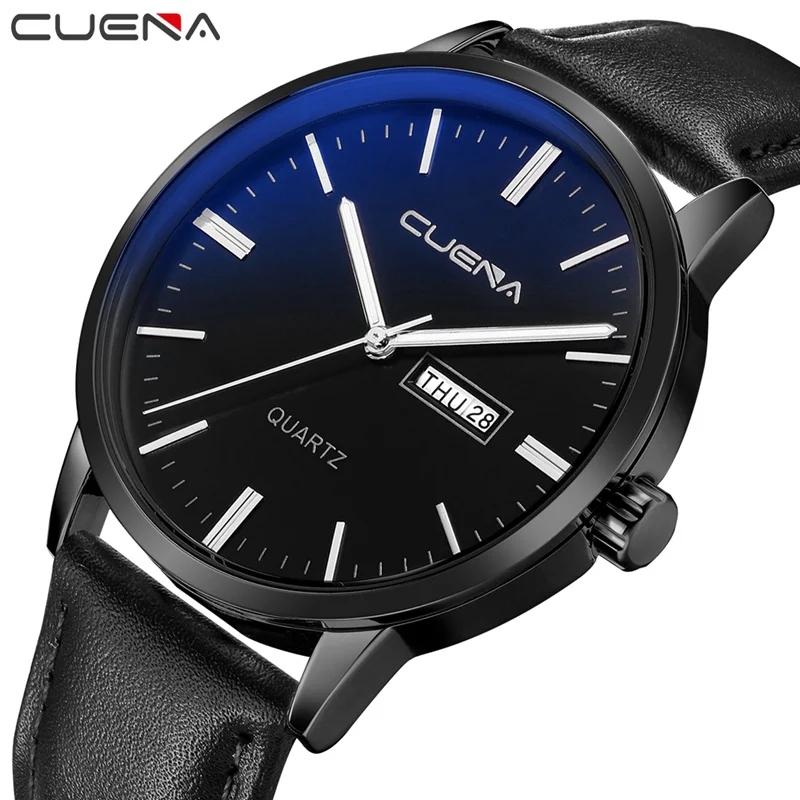 

CUENA Quartz Wristwatches Men's Wrist Watch Week Display Genuine Leather Strap Mens Wrist Watches Luxury Design Quartz Watch Men