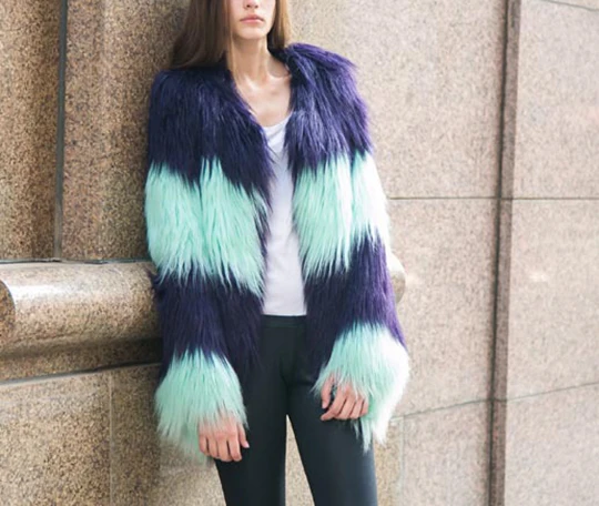 2017 winter women clothing long sleeve patchwork contrast color imitation fur jacket Female fashion warm long faux fur coat (4)